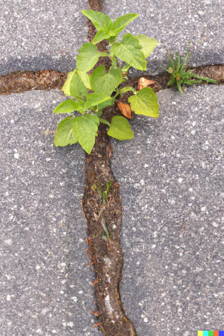 eine Pflanze, die aus einem Riss in der Straße wächst.