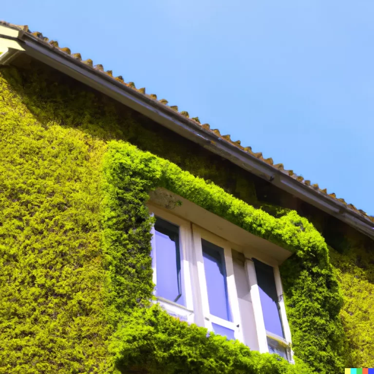 ein Gebäude, das mit grünen Pflanzen und Fenstern bedeckt ist.